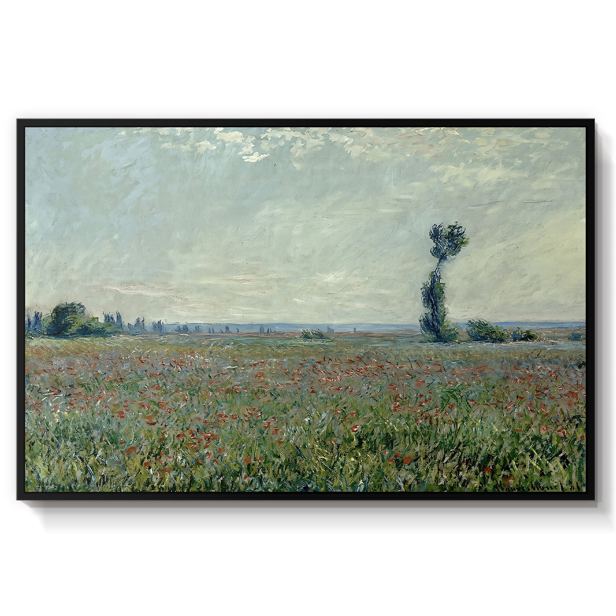 Poppy Field, 1881 by Claude Monet in a black floater framed canvas wall art display.