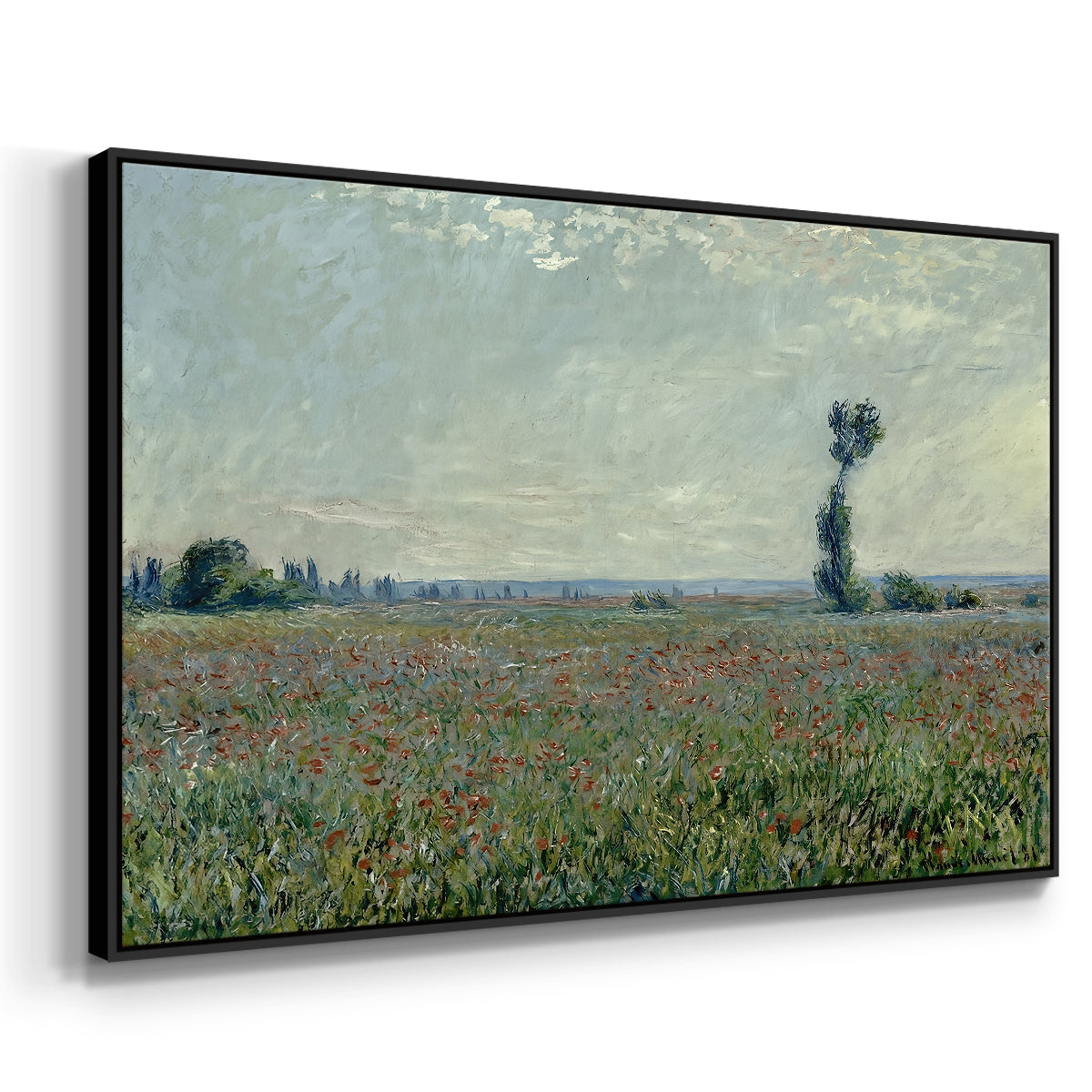 Angled view of Poppy Field, 1881 by Claude Monet in a black floater framed canvas.