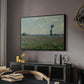 Poppy Field, 1881 by Claude Monet in a black floater framed canvas featuring a rural meadow with scattered poppies and soft horizon, displayed above a desk in a dark home office interior.