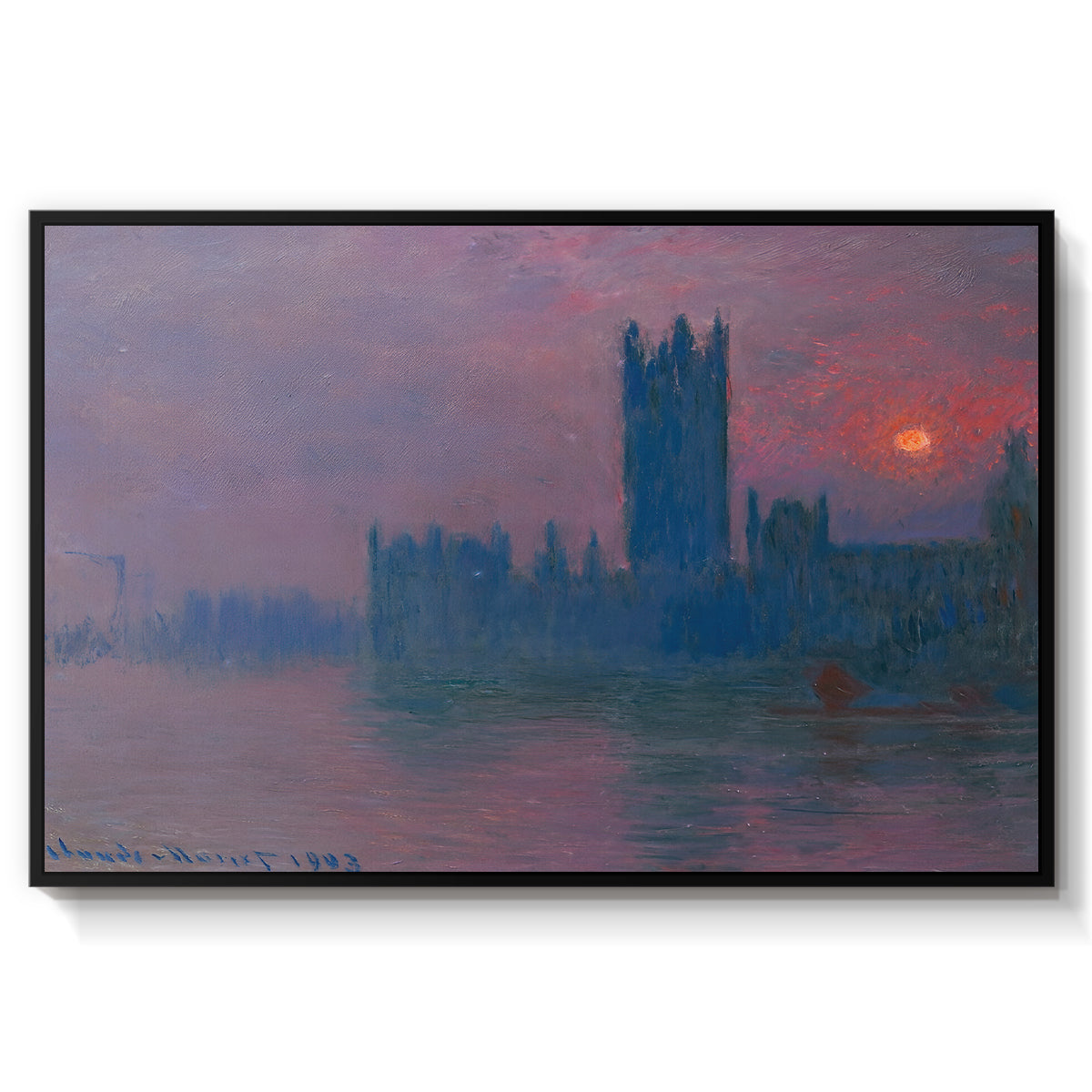 The Houses of Parliament, Sunset, 1903 by Claude Monet in a black floater framed canvas wall art display.