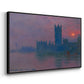 Angled view of The Houses of Parliament, Sunset, 1903 by Claude Monet in a black floater framed canvas.
