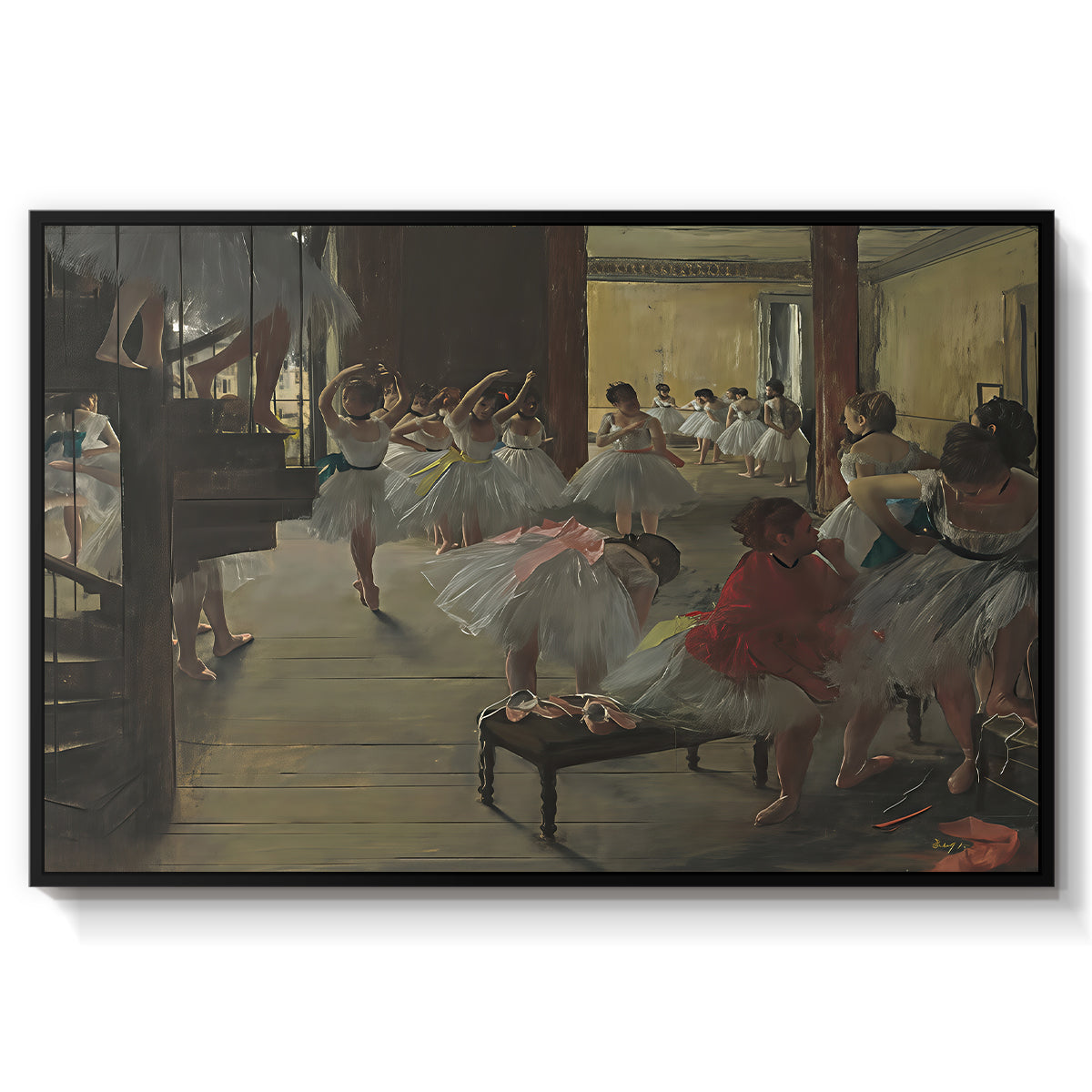 The Dance Class, c. 1873 by Edgar Degas in a black floater framed canvas wall art display.