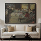 The Dance Class, c. 1873 by Edgar Degas displayed in a black floater framed canvas above a sofa in a clean living room.
