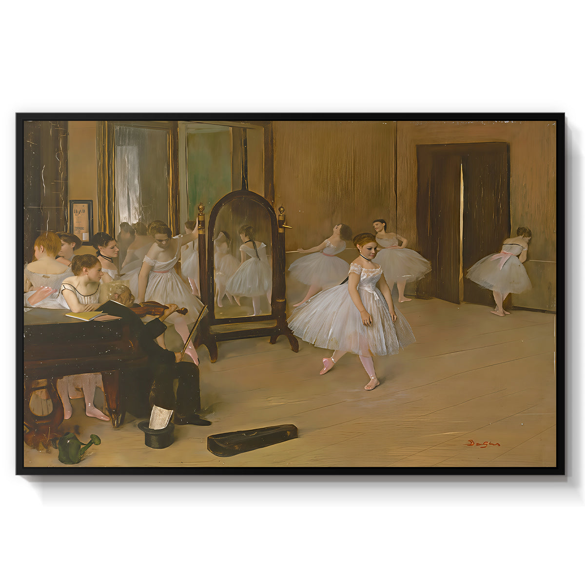 The Dancing Class, c. 1870 by Edgar Degas in a black floater framed canvas wall art display.