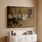 Black floater framed canvas of The Dancing Class, c. 1870 by Edgar Degas, featuring a rehearsal scene with ballerinas in tutus arranged in studio above a console cabinet in a minimalist entryway.