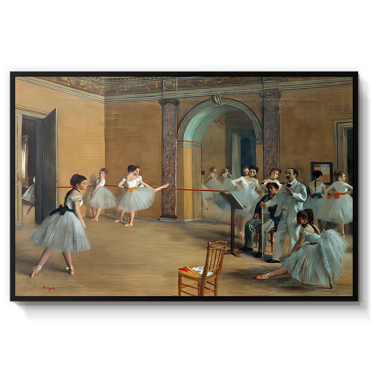 The Dance Foyer at the Opera on the Rue Le Peletier, 1872 by Edgar Degas in a black floater framed canvas wall art display.