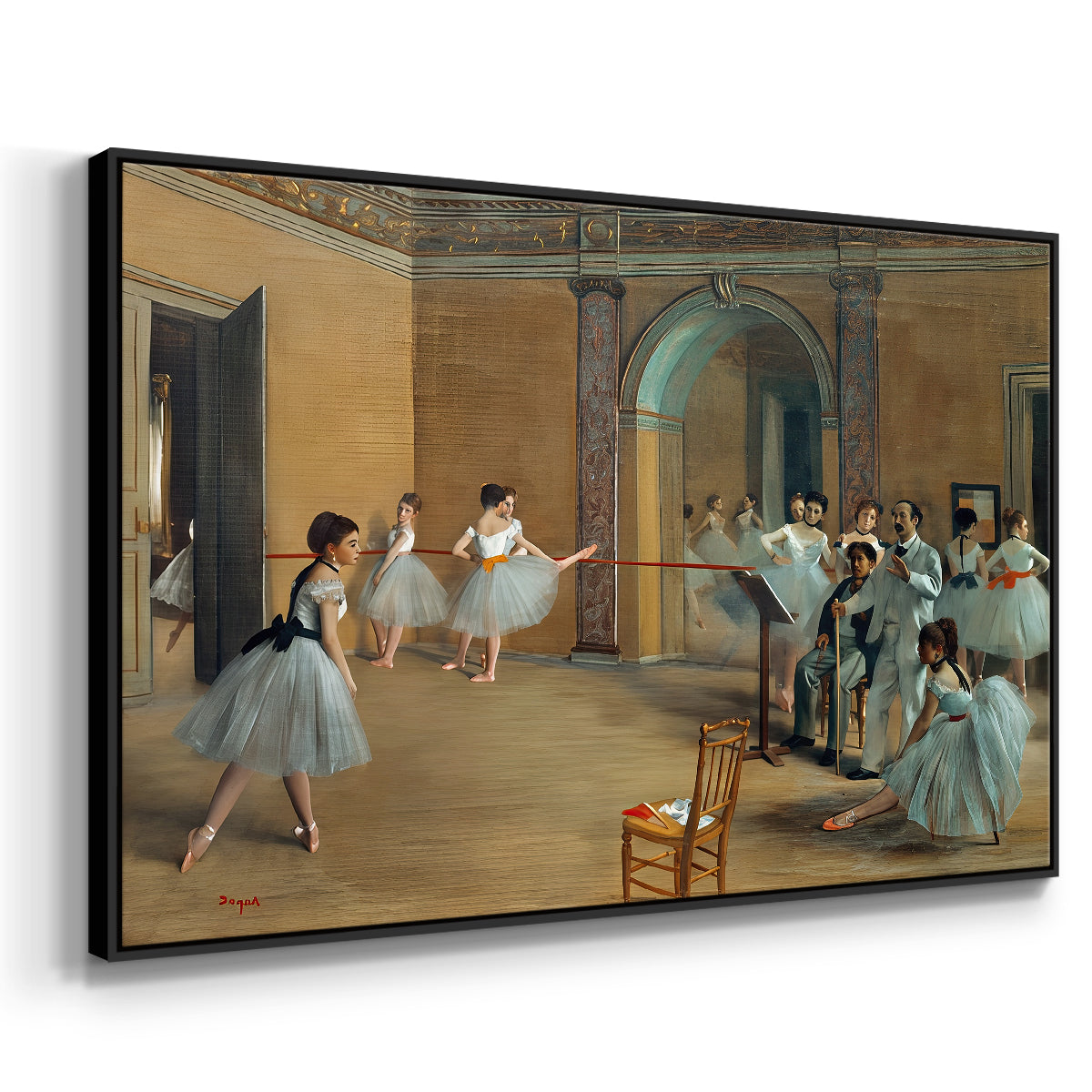 Angled view of The Dance Foyer at the Opera on the Rue Le Peletier, 1872 by Edgar Degas in a black floater framed canvas.