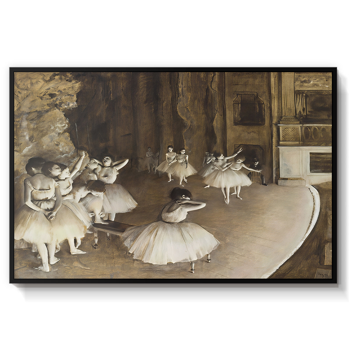 The Rehearsal of the Ballet Onstage, 1874 by Edgar Degas in a black floater framed canvas wall art display.