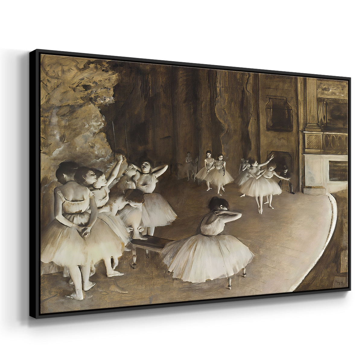 Angled view of The Rehearsal of the Ballet Onstage, 1874 by Edgar Degas in a black floater framed canvas.