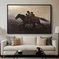 A Ride for Liberty – The Fugitive Slaves, c. 1862 by Eastman Johnson displayed in a black floater framed canvas above a sofa in a clean living room.
