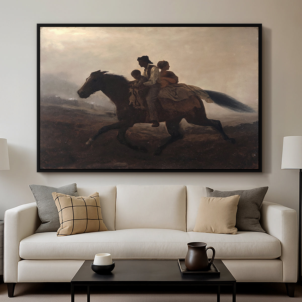 A Ride for Liberty – The Fugitive Slaves, c. 1862 by Eastman Johnson displayed in a black floater framed canvas above a sofa in a clean living room.
