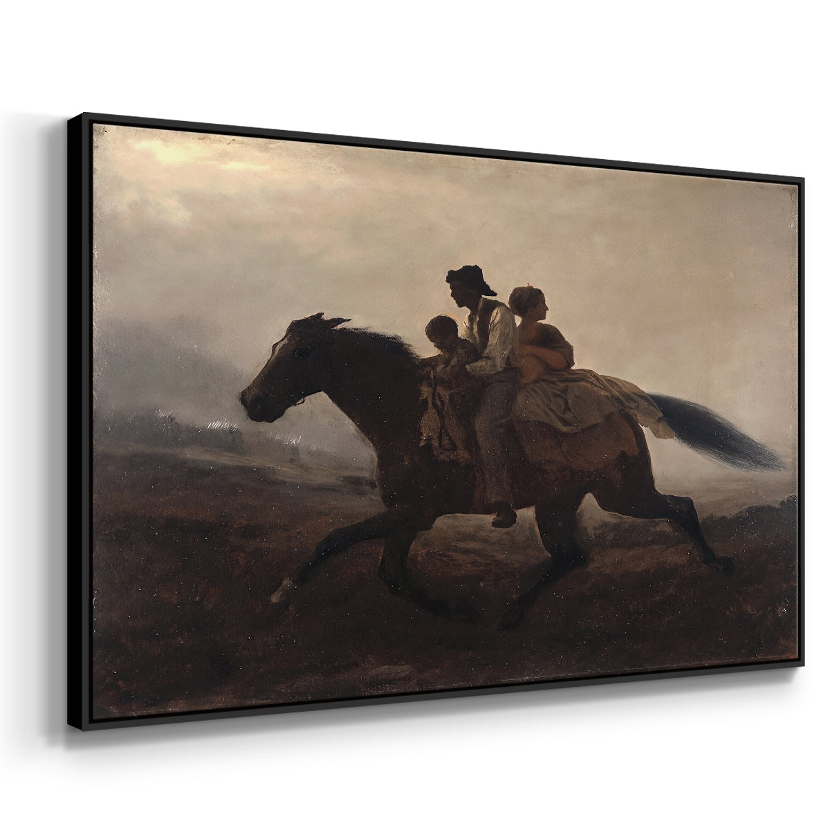 Angled view of A Ride for Liberty – The Fugitive Slaves, c. 1862 by Eastman Johnson in a black floater framed canvas.