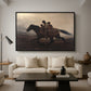 A Ride for Liberty – The Fugitive Slaves, c. 1862 by Eastman Johnson as a black floater framed canvas featuring a family riding horseback through night escaping across landscape, displayed above a sofa in a modern living room.
