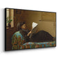 Angled view of Interesting News, 1872 by Eastman Johnson in a black floater framed canvas.