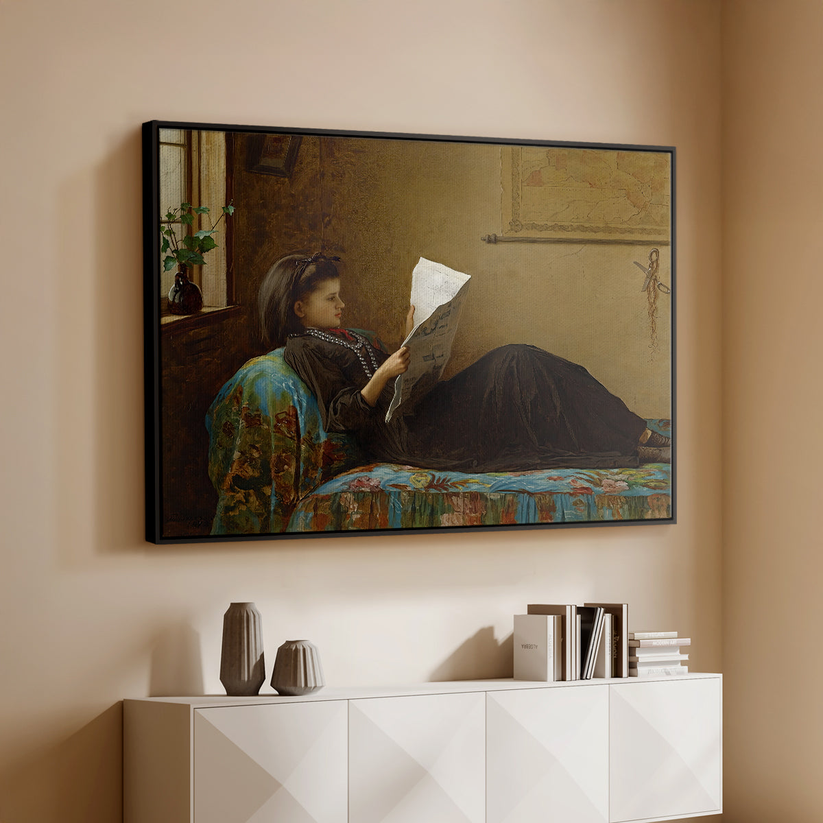 Black floater framed canvas of Interesting News, 1872 by Eastman Johnson, featuring a domestic scene with figures reacting to shared news above a console cabinet in a minimalist entryway.