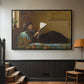 Black floater framed canvas featuring a casual gathering around newspaper in rustic room, displayed in a hallway near a staircase.