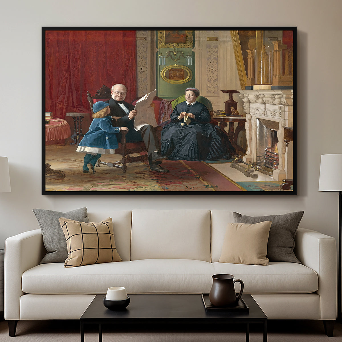 The Brown Family, 1869 by Eastman Johnson displayed in a black floater framed canvas above a sofa in a clean living room.