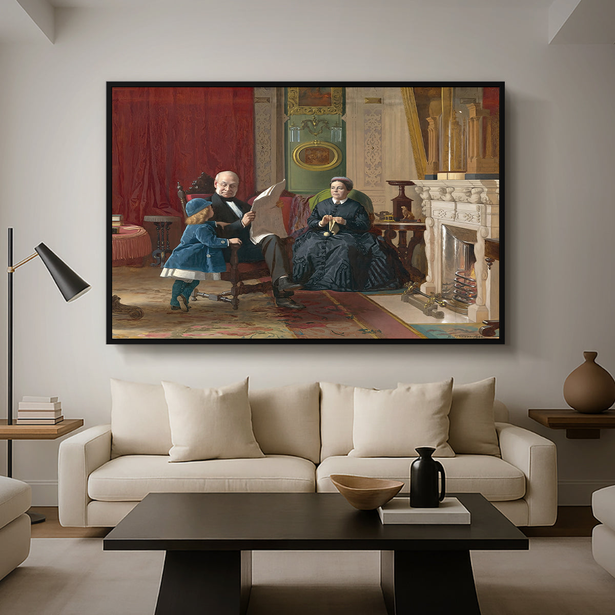 The Brown Family, 1869 by Eastman Johnson as a black floater framed canvas featuring a family seated together in interior room engaged in quiet activity, displayed above a sofa in a modern living room.