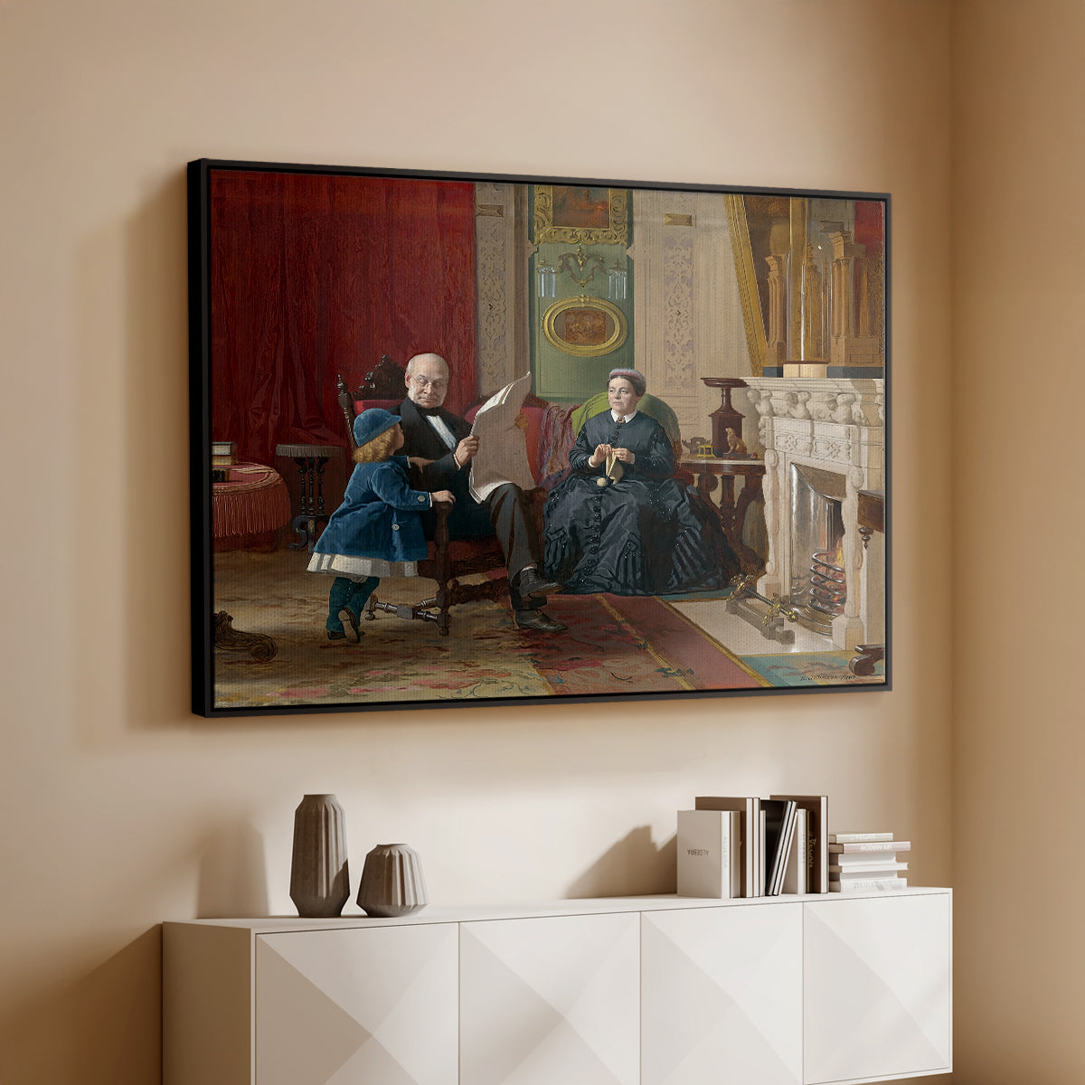 Black floater framed canvas of The Brown Family, 1869 by Eastman Johnson, featuring a domestic portrait of group gathered in modest home setting above a console cabinet in a minimalist entryway.