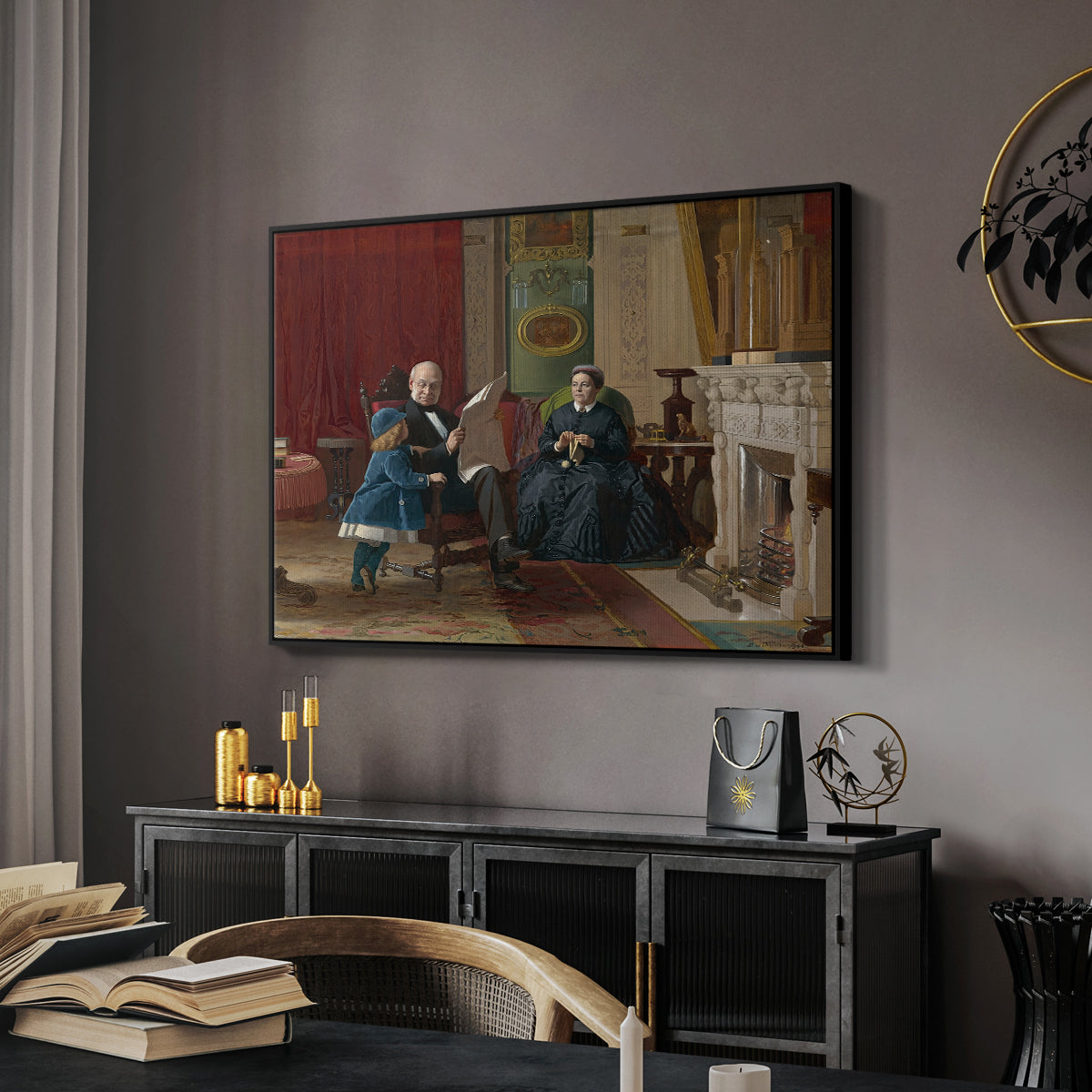The Brown Family, 1869 by Eastman Johnson in a black floater framed canvas featuring an Americana scene with figures sitting and interacting indoors, displayed above a desk in a dark home office interior.