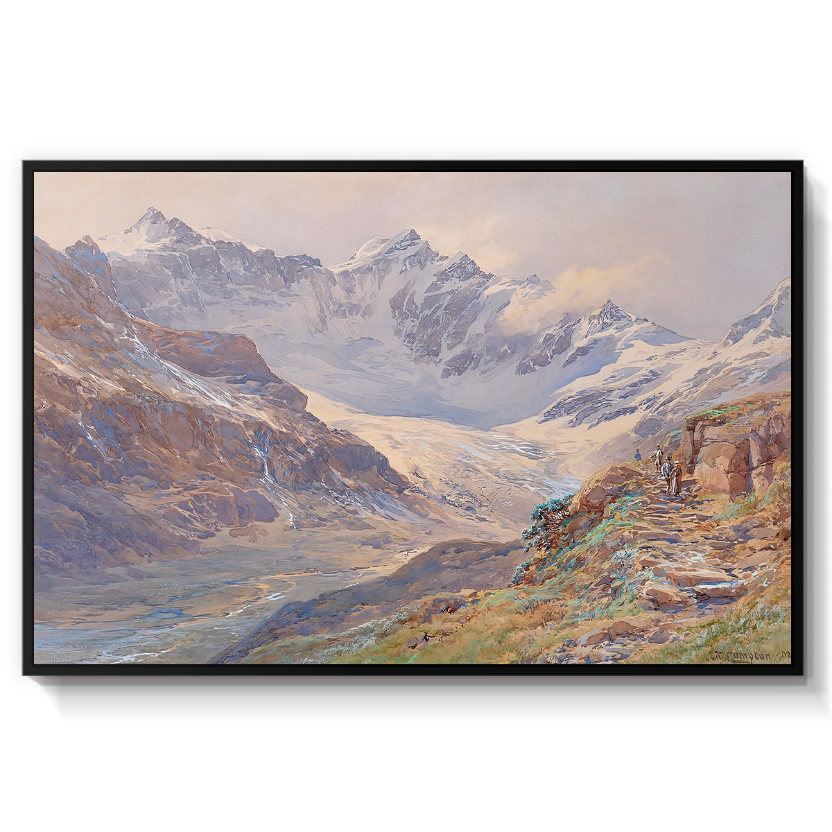 Odenwinklkees with the Johannisberg, 1902 by Edward Theodore Compton in a black floater framed canvas wall art display.