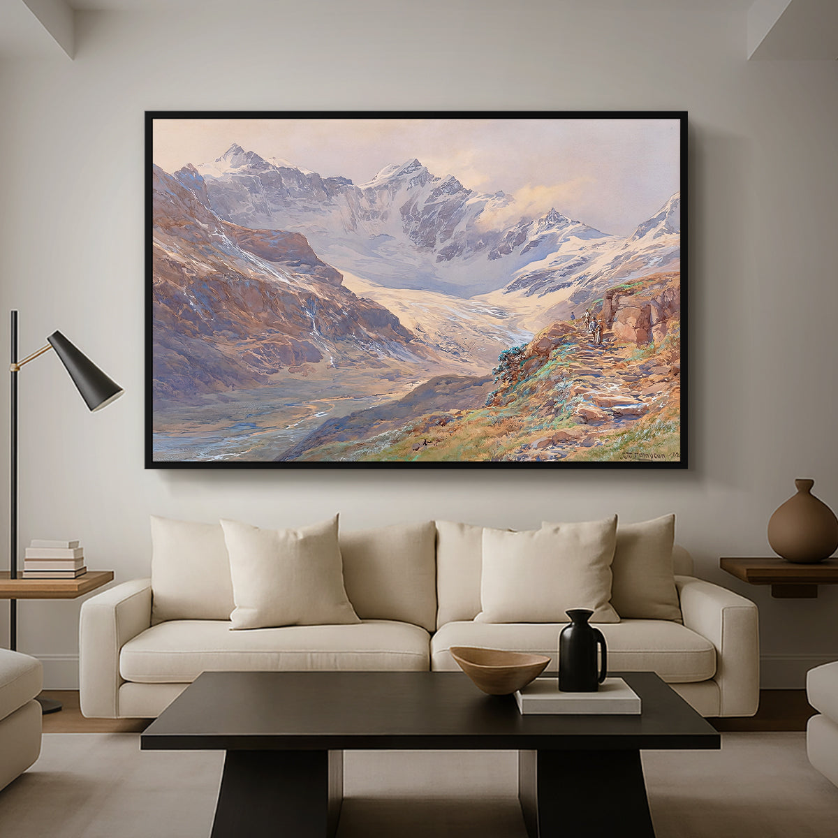 Odenwinklkees with the Johannisberg, 1902 by Edward Theodore Compton as a black floater framed canvas featuring an alpine glacier landscape with rugged peaks and snow-covered terrain, displayed above a sofa in a modern living room.