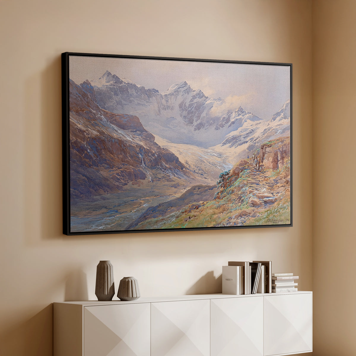 Black floater framed canvas of Odenwinklkees with the Johannisberg, 1902 by Edward Theodore Compton, featuring a mountain scene with glacier stretching through rocky valley above a console cabinet in a minimalist entryway.