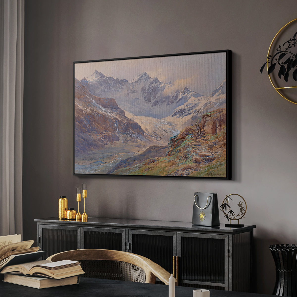 Odenwinklkees with the Johannisberg, 1902 by Edward Theodore Compton in a black floater framed canvas featuring a realistic depiction of high-altitude snowy peaks, displayed above a desk in a dark home office interior.