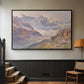 Black floater framed canvas featuring an expansive alpine view with ice and distant mountains, displayed in a hallway near a staircase.