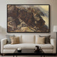 High Mountain Study, c. 1870 by Edward Theodore Compton displayed in a black floater framed canvas above a sofa in a clean living room.