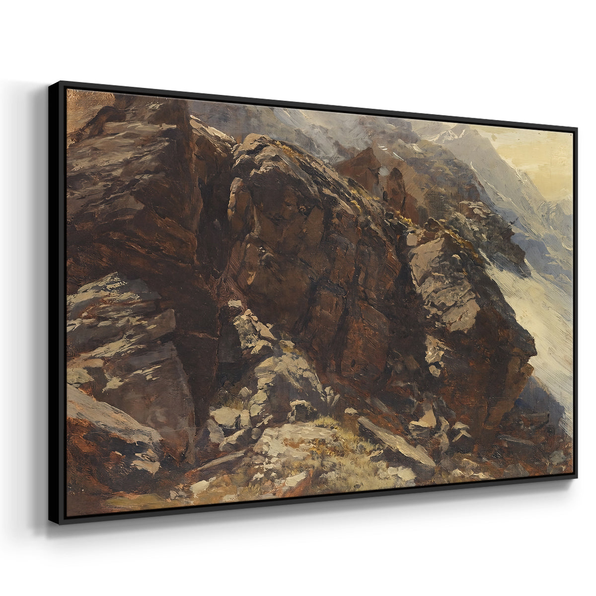 Angled view of High Mountain Study, c. 1870 by Edward Theodore Compton in a black floater framed canvas.