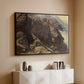 Black floater framed canvas of High Mountain Study, c. 1870 by Edward Theodore Compton, featuring a detailed study of rugged mountain landscape with sharp contours above a console cabinet in a minimalist entryway.