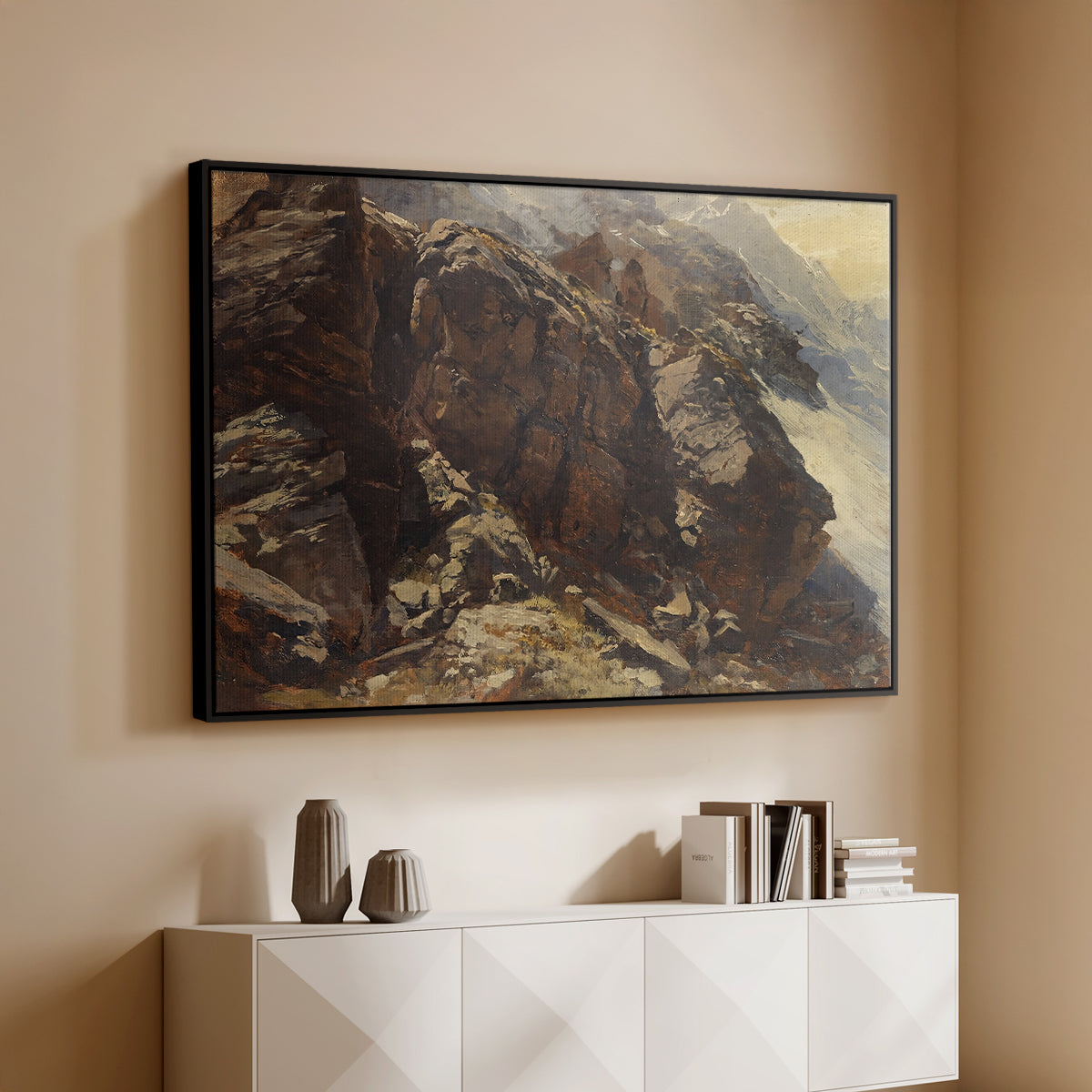 Black floater framed canvas of High Mountain Study, c. 1870 by Edward Theodore Compton, featuring a detailed study of rugged mountain landscape with sharp contours above a console cabinet in a minimalist entryway.