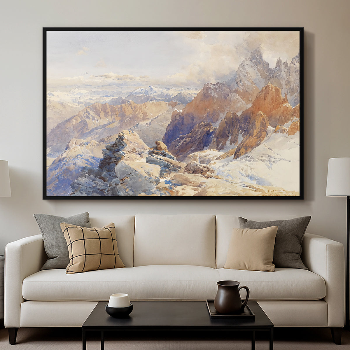 Col du Géant, 1903 by Edward Theodore Compton displayed in a black floater framed canvas above a sofa in a clean living room.