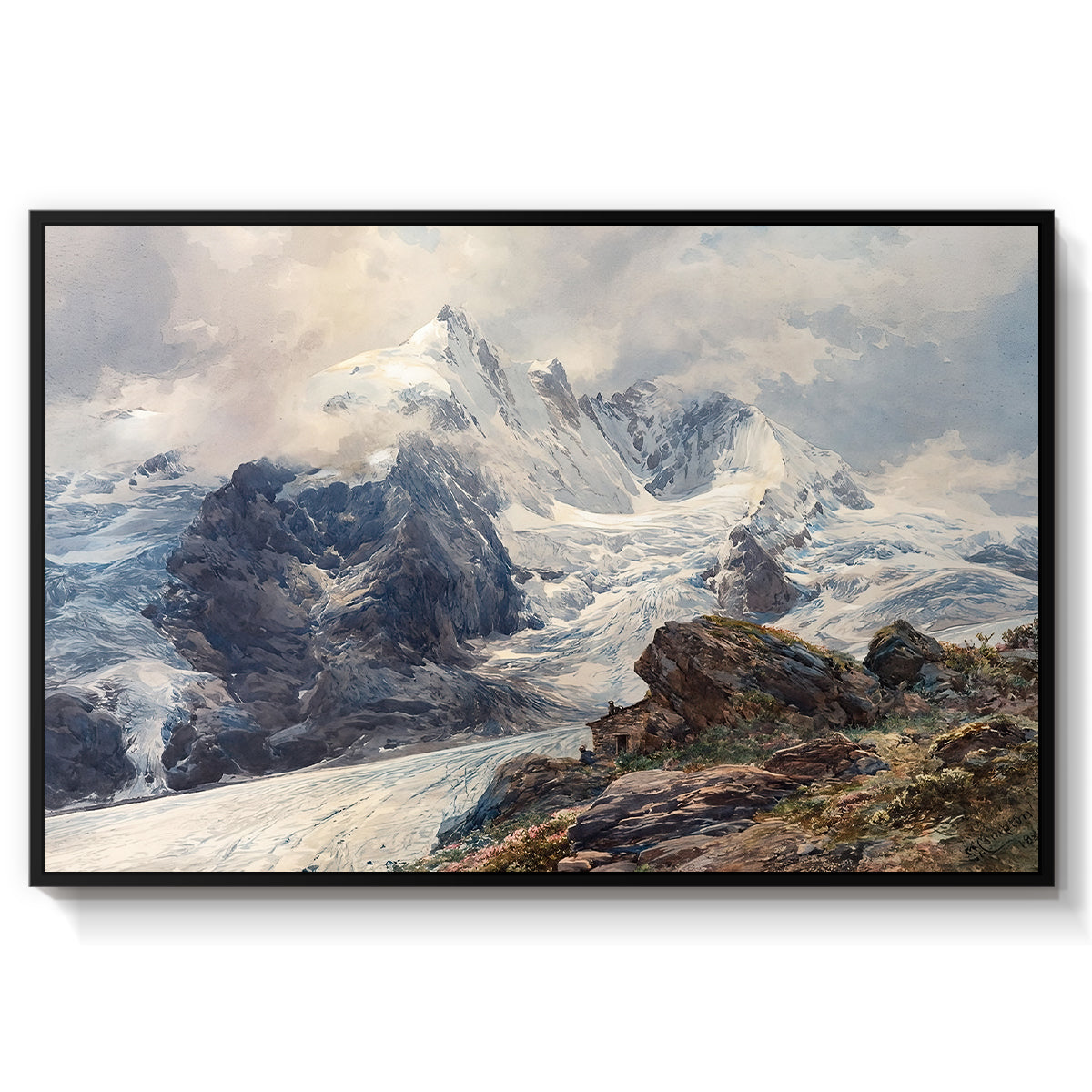 The Grossglockner, 1880 by Edward Theodore Compton in a black floater framed canvas wall art display.