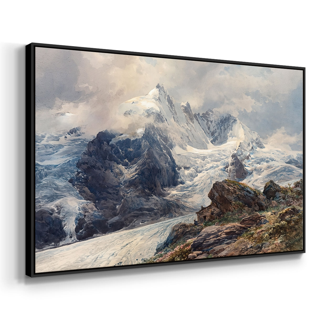 Angled view of The Grossglockner, 1880 by Edward Theodore Compton in a black floater framed canvas.
