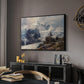 The Grossglockner, 1880 by Edward Theodore Compton in a black floater framed canvas featuring a realistic landscape of high mountain under open sky, displayed above a desk in a dark home office interior.