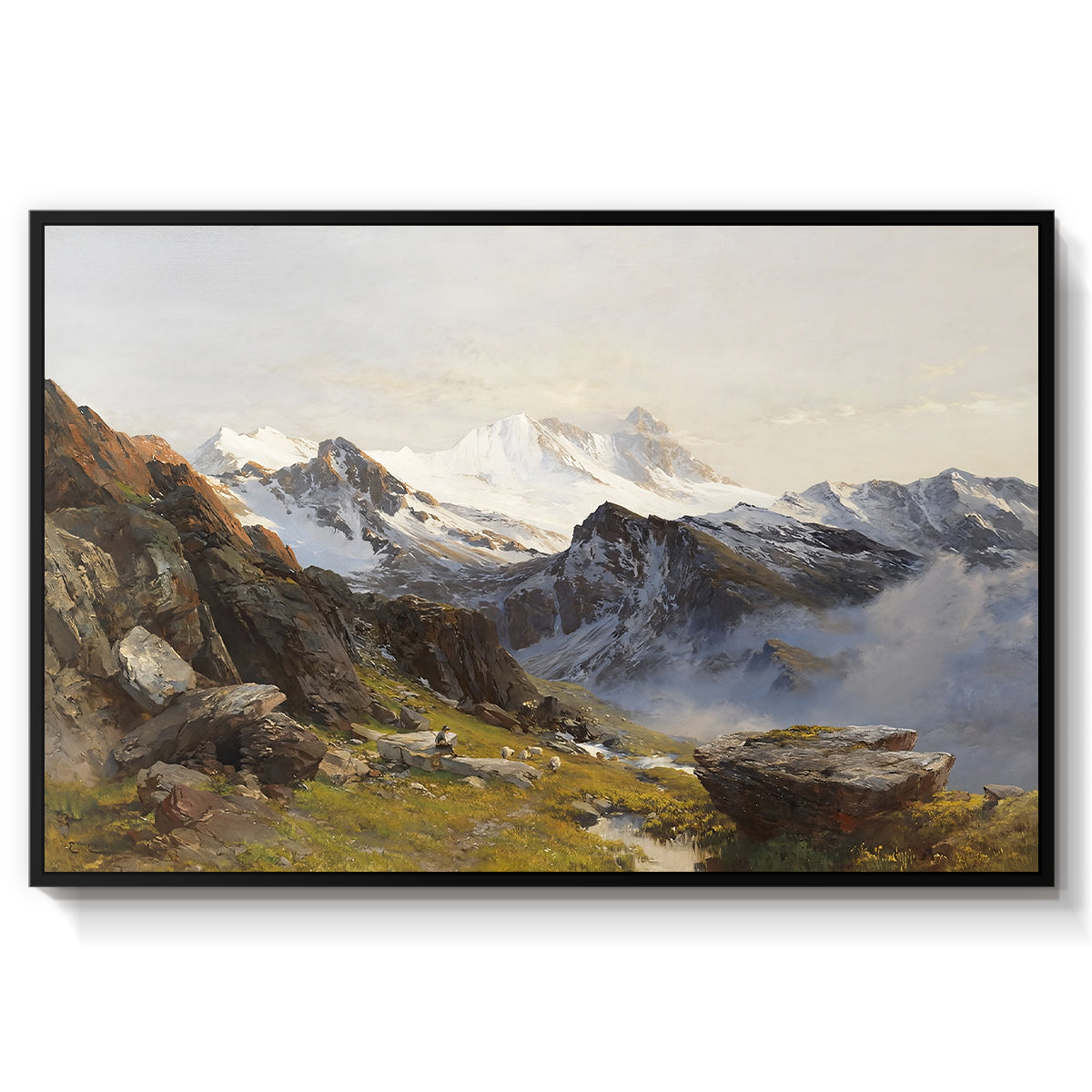 The Großglockner from the Prager Hut, 1890 by Edward Theodore Compton in a black floater framed canvas wall art display.