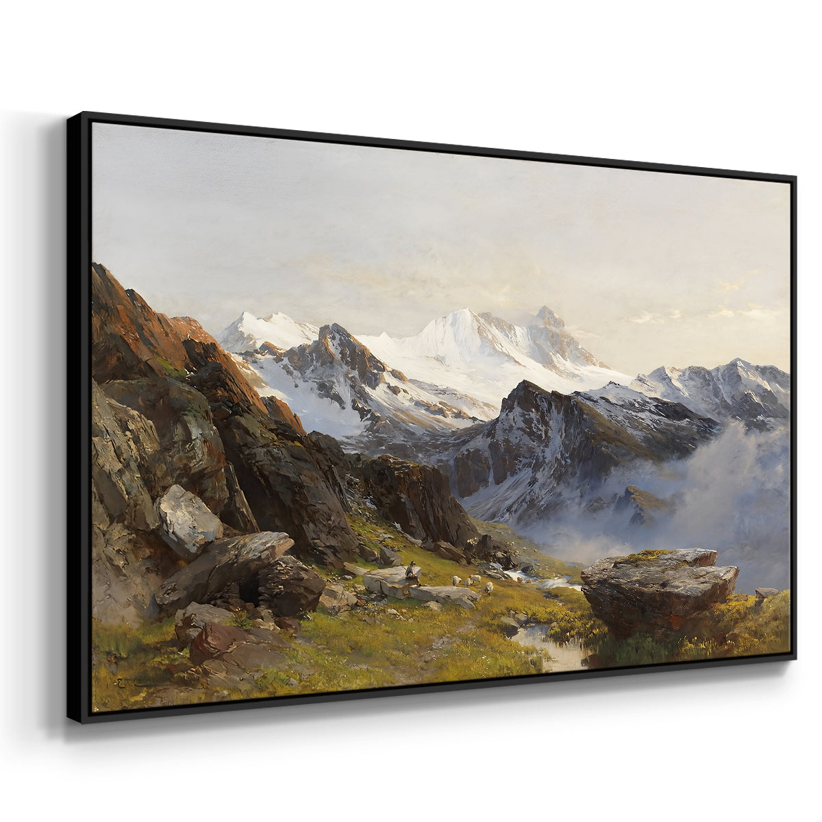 Angled view of The Großglockner from the Prager Hut, 1890 by Edward Theodore Compton in a black floater framed canvas.