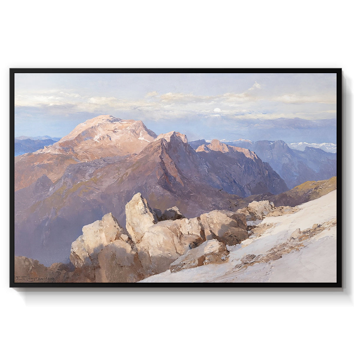 Hoher Göll from Watzmann-Hocheck, 1919 by Edward Theodore Compton in a black floater framed canvas wall art display.