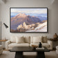 Hoher Göll from Watzmann-Hocheck, 1919 by Edward Theodore Compton as a black floater framed canvas featuring a distant mountain peak viewed from elevated ridge with sweeping landscape, displayed above a sofa in a modern living room.