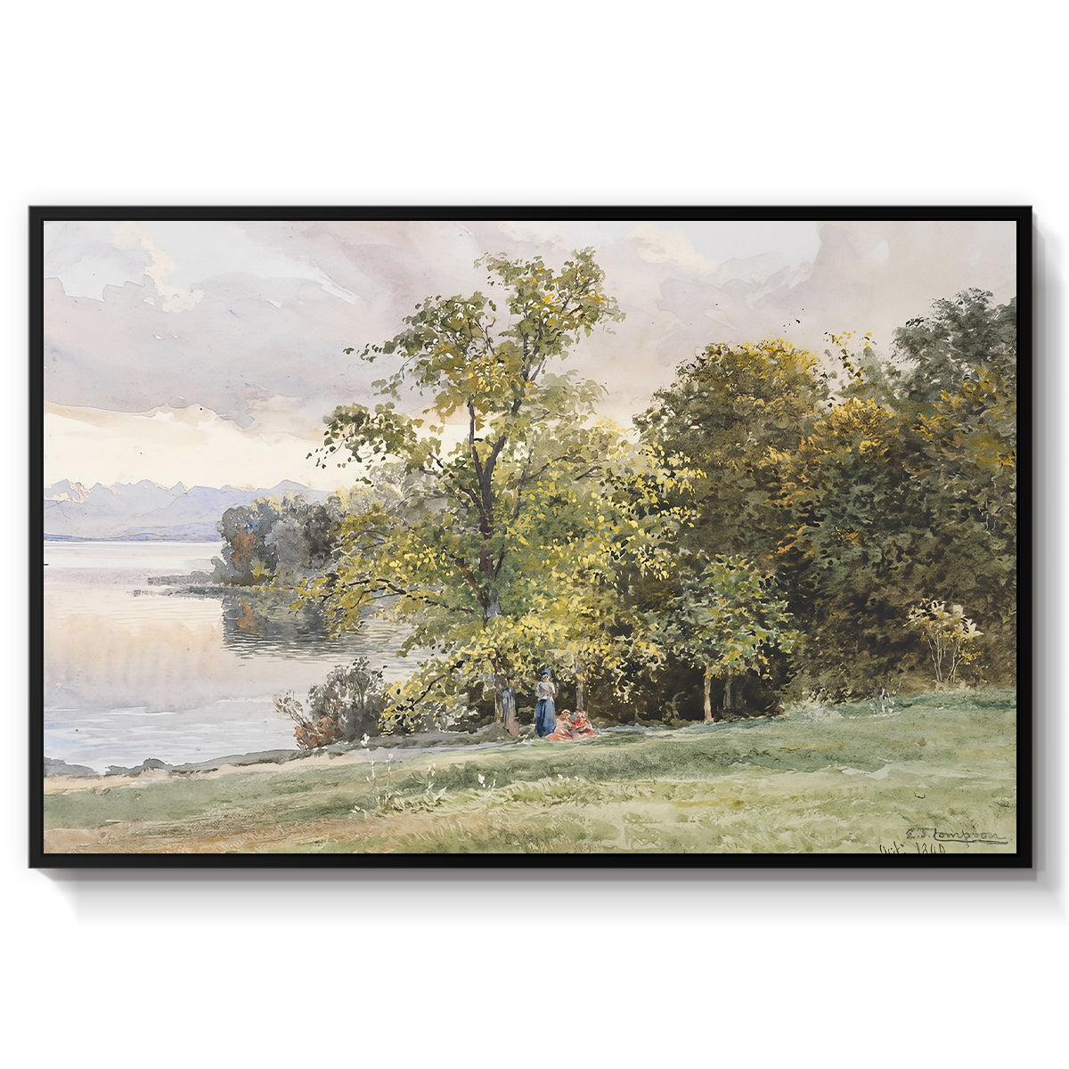 Landscape at Lake Starnberg, 1890 by Edward Theodore Compton in a black floater framed canvas wall art display.