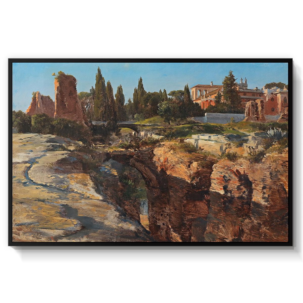 Palatine in Rome, c. 1921 by Edward Theodore Compton in a black floater framed canvas wall art display.