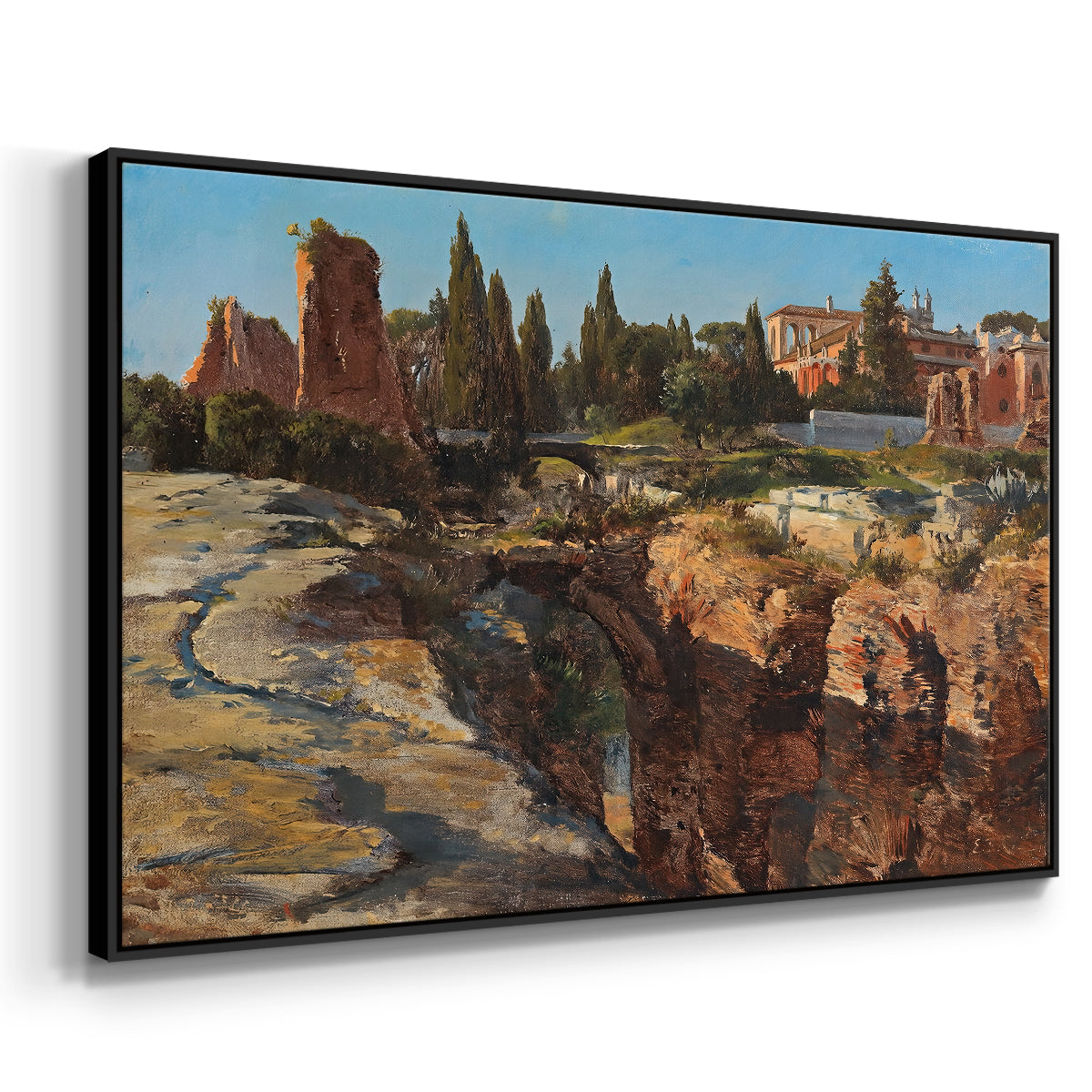 Angled view of Palatine in Rome, c. 1921 by Edward Theodore Compton in a black floater framed canvas.