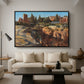 Palatine in Rome, c. 1921 by Edward Theodore Compton as a black floater framed canvas featuring historic Roman ruins and buildings set within warm landscape, displayed above a sofa in a modern living room.