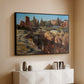 Black floater framed canvas of Palatine in Rome, c. 1921 by Edward Theodore Compton, featuring an architectural scene of ancient structures in sunlit environment above a console cabinet in a minimalist entryway.