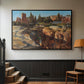 Black floater framed canvas featuring a detailed depiction of historic Roman architecture, displayed in a hallway near a staircase.