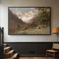 Black floater framed canvas featuring a realistic depiction of remote mountain environment, displayed in a hallway near a staircase.