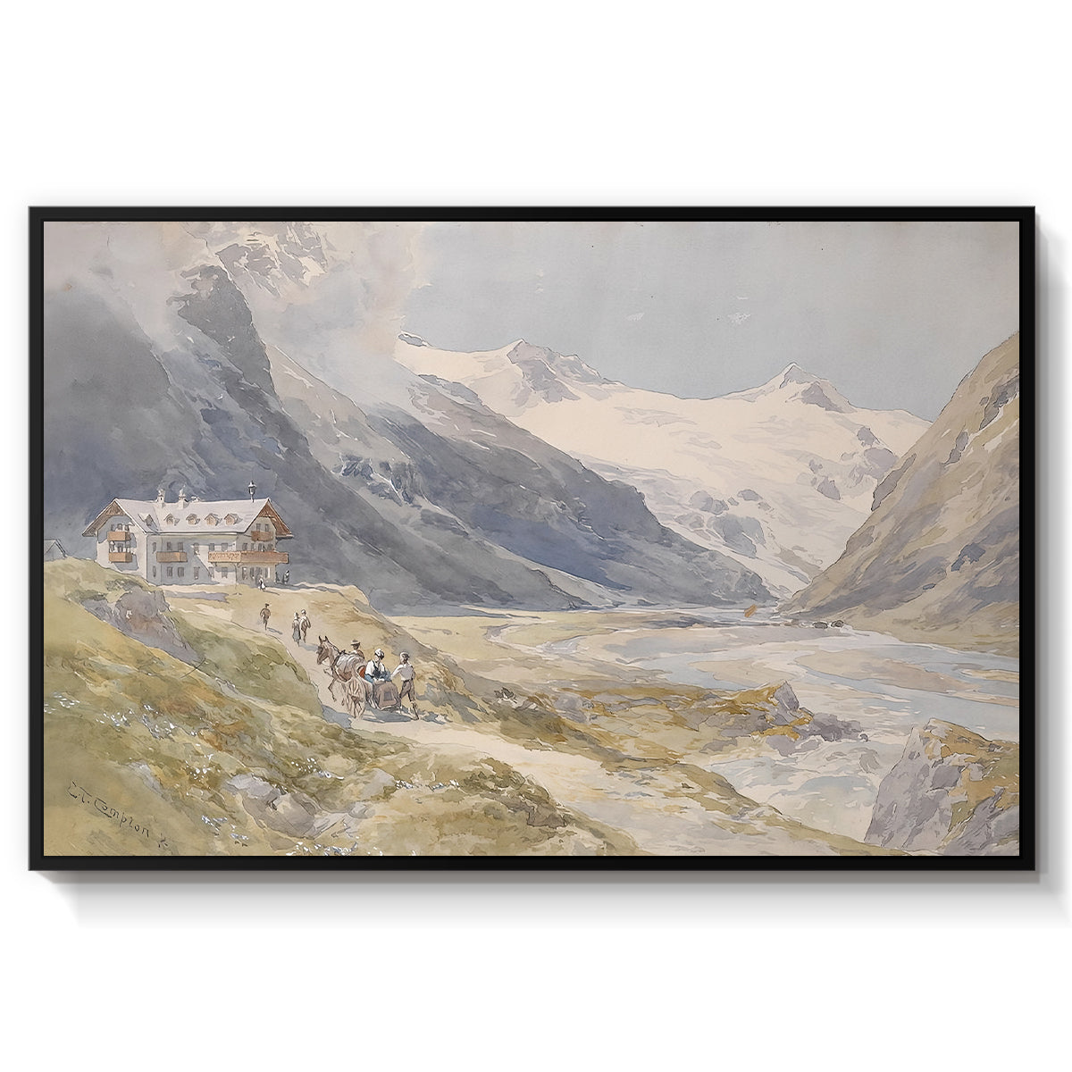 Shepherds (Pasterze), c. 1921 by Edward Theodore Compton in a black floater framed canvas wall art display.