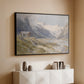 Black floater framed canvas of Shepherds (Pasterze), c. 1921 by Edward Theodore Compton, featuring a pastoral mountain scene with figures tending livestock above a console cabinet in a minimalist entryway.